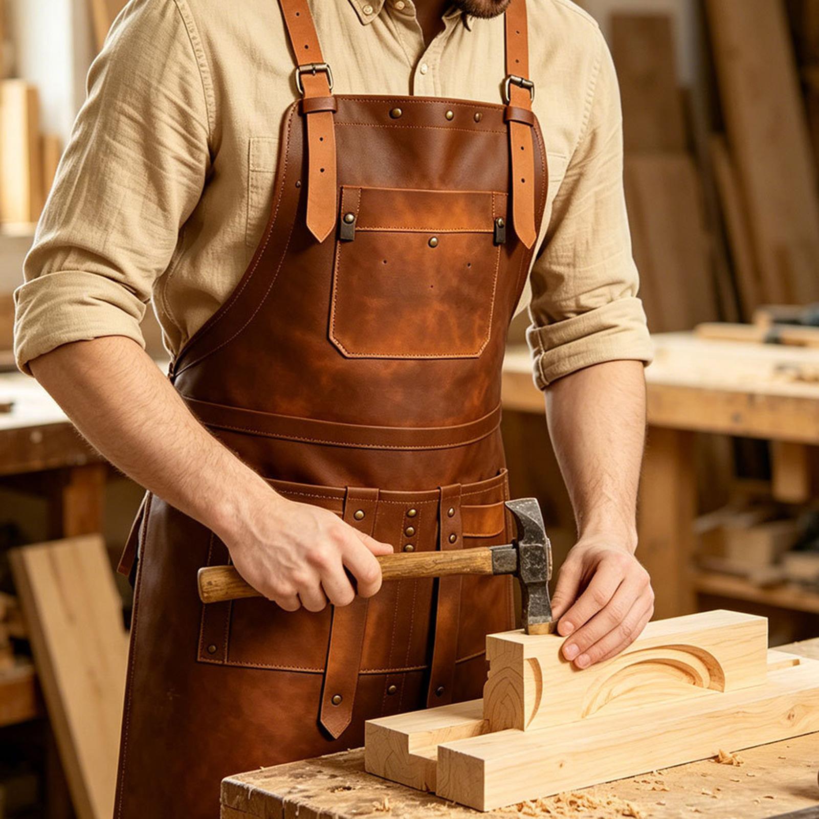 Woodworking Apron - 다양한 포켓이 있는 가죽 앞치마, 방수